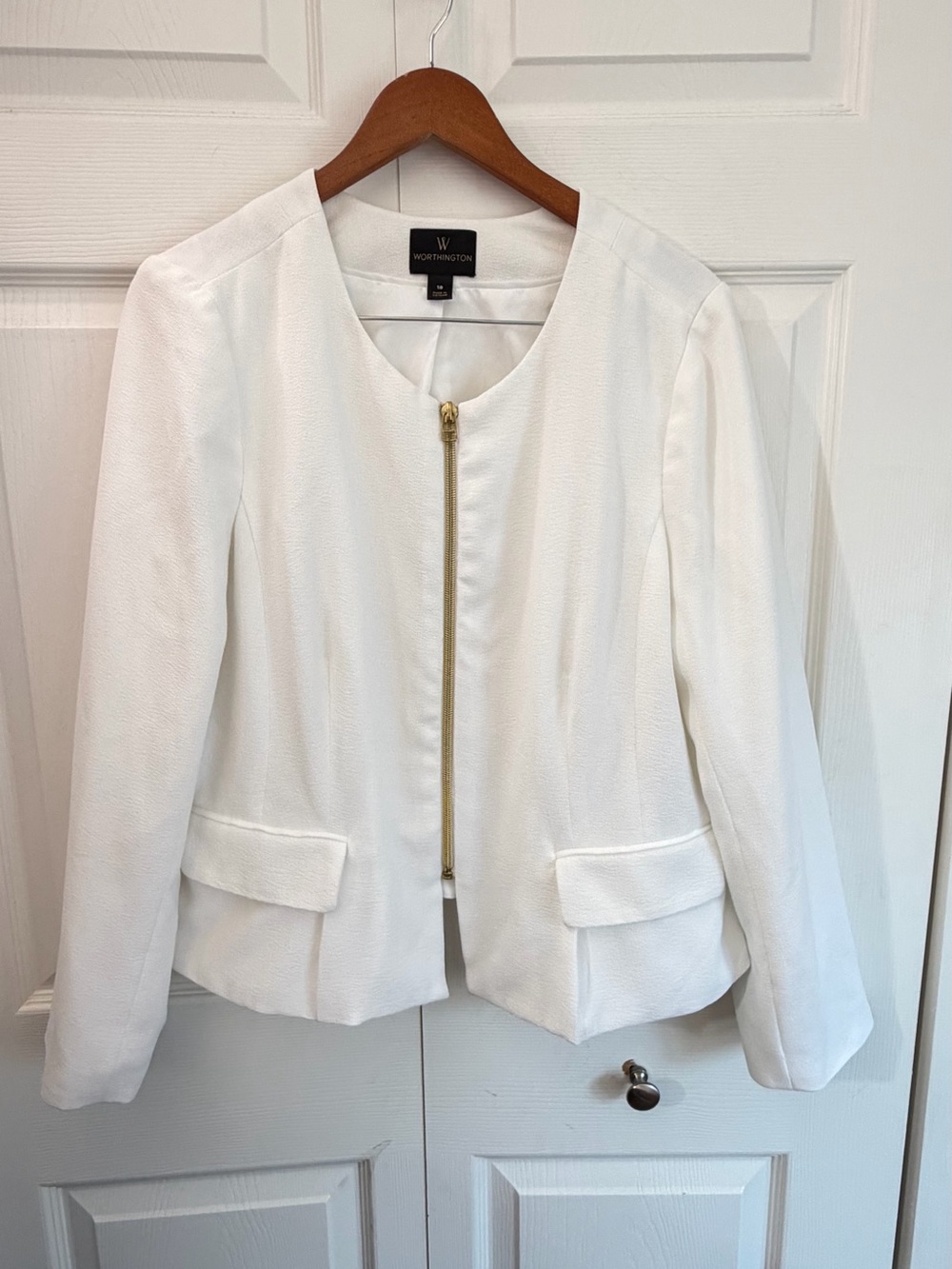 Worthington Womens Size 18 White Textured Gold Zip Peplum Blazer Jacket